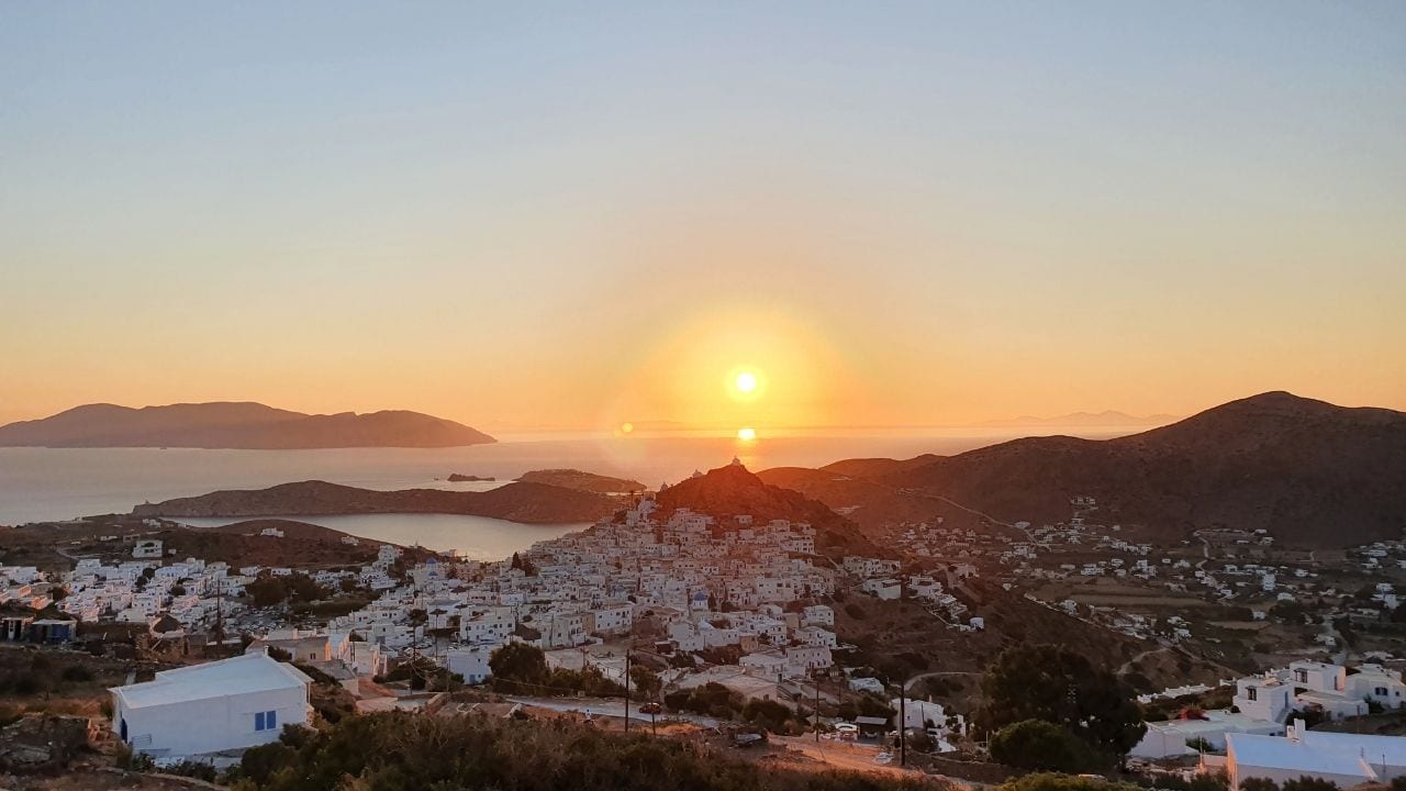 An amazing sunset over the Cyclades island of Ios in Greece